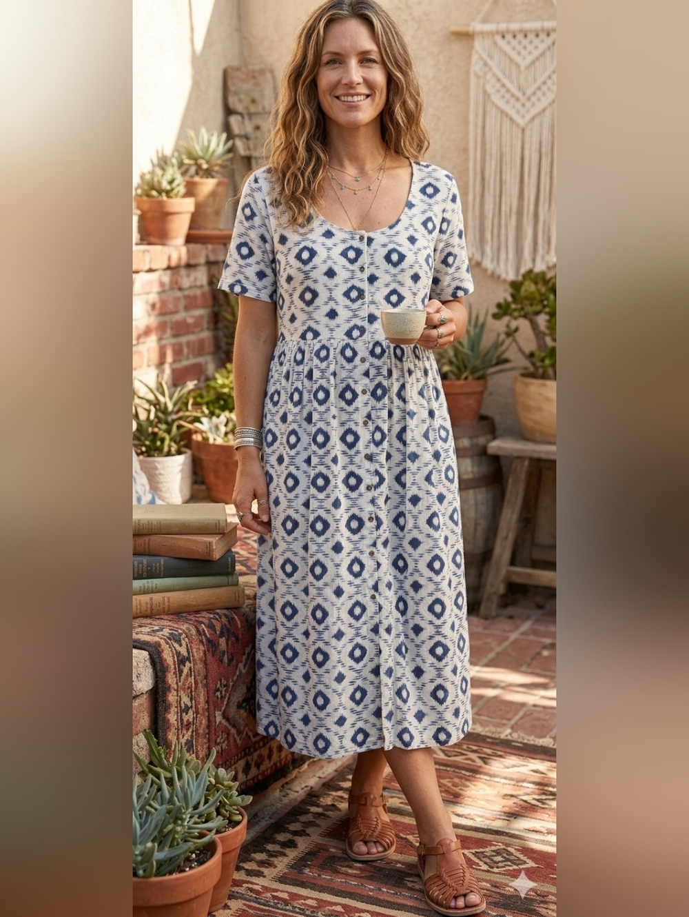 Cotton And Linen Blend Navy and Off White Ikat-Print Button-Front Dress